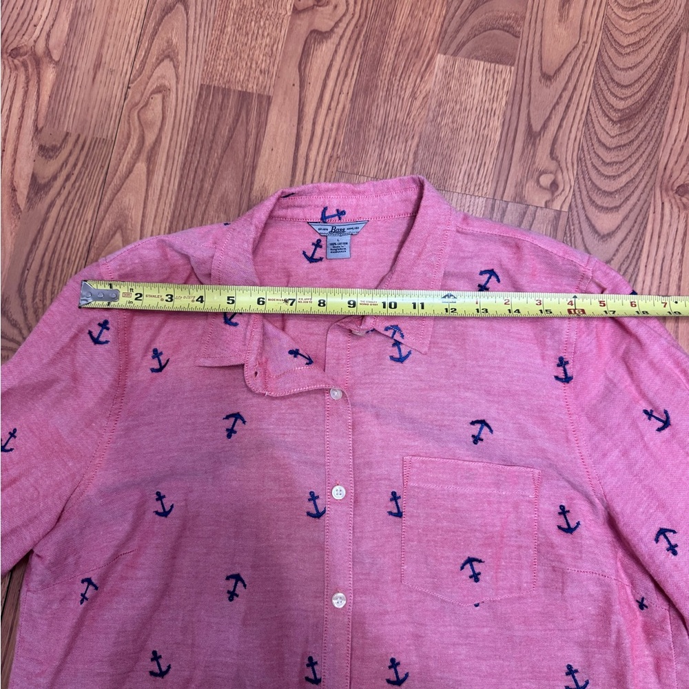 ✨Bass Women’s Large Coral Button-Down Shirt with Navy Anchor Print | EUC - Picture 6 of 7
